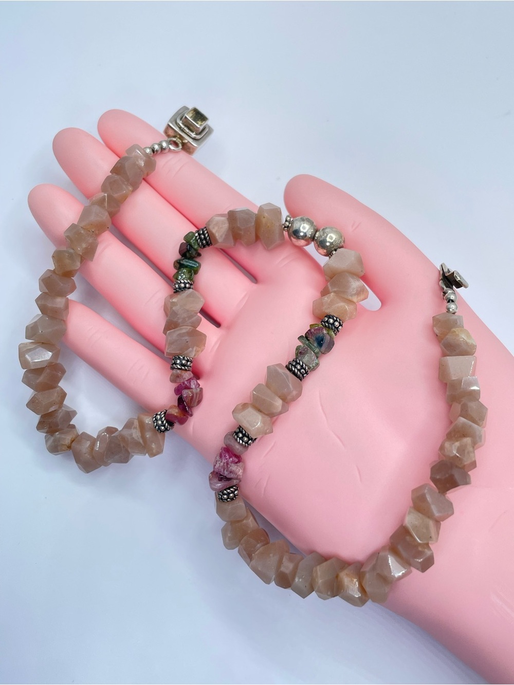 Vintage Rose Quartz Sterling Silver Beaded Statement Necklace Boho Gemstone